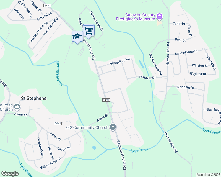 map of restaurants, bars, coffee shops, grocery stores, and more near 1662 Tanglewood Drive in Hickory