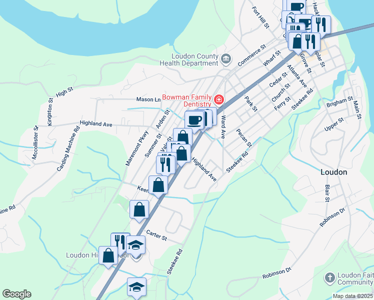 map of restaurants, bars, coffee shops, grocery stores, and more near 854 Mulberry Street in Loudon