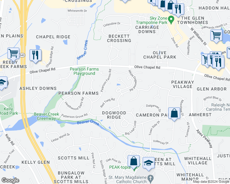 map of restaurants, bars, coffee shops, grocery stores, and more near 3016 Silky Dogwood Trail in Apex