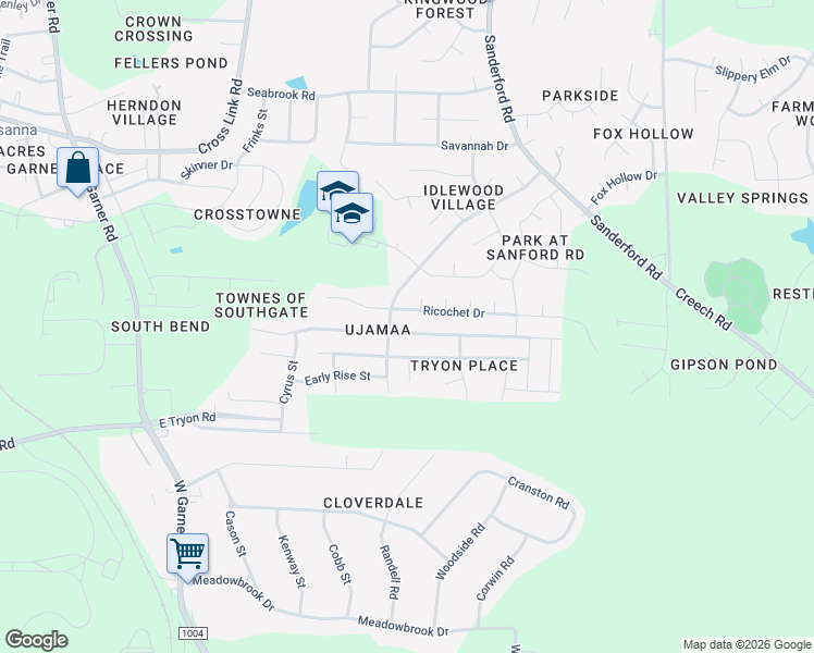map of restaurants, bars, coffee shops, grocery stores, and more near 1217 Ujamaa Drive in Raleigh