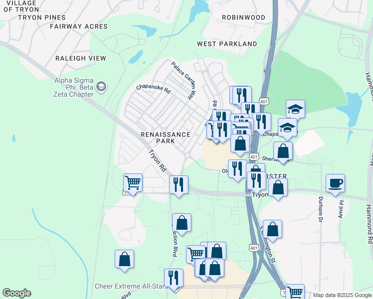 map of restaurants, bars, coffee shops, grocery stores, and more near 1376 Ileagnes Road in Raleigh