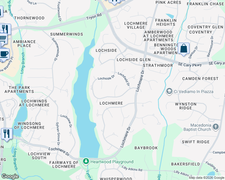 map of restaurants, bars, coffee shops, grocery stores, and more near 105 Rustic Wood Lane in Cary