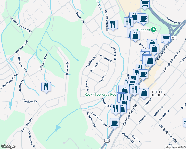 map of restaurants, bars, coffee shops, grocery stores, and more near 414 Smoky Mountain Drive in Maryville