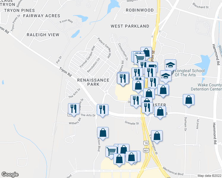 map of restaurants, bars, coffee shops, grocery stores, and more near 1363 Ileagnes Road in Raleigh