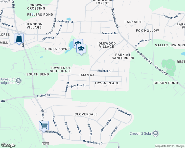 map of restaurants, bars, coffee shops, grocery stores, and more near 1217 Ujamaa Drive in Raleigh