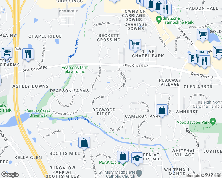 map of restaurants, bars, coffee shops, grocery stores, and more near 2014 Silky Dogwood Trail in Apex
