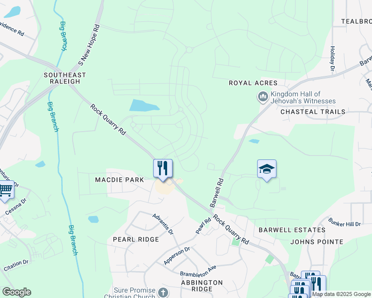 map of restaurants, bars, coffee shops, grocery stores, and more near 5401 Rock Quarry Road in Raleigh