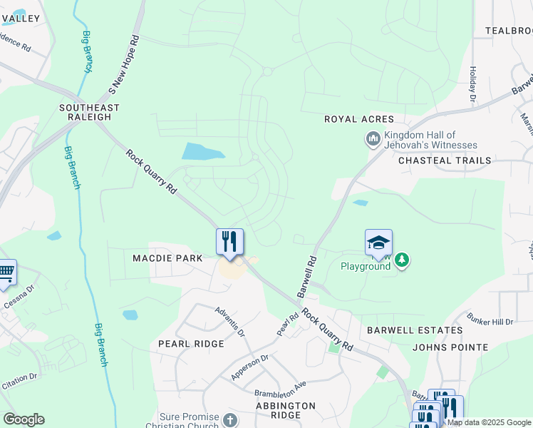 map of restaurants, bars, coffee shops, grocery stores, and more near 2634 Lignite Trail in Raleigh