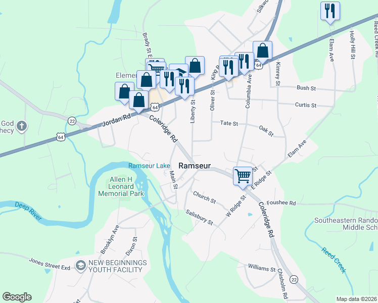 map of restaurants, bars, coffee shops, grocery stores, and more near 321 Coleridge Road in Ramseur