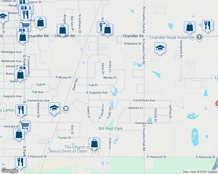 map of restaurants, bars, coffee shops, grocery stores, and more near 3105 Tull Place in Muskogee