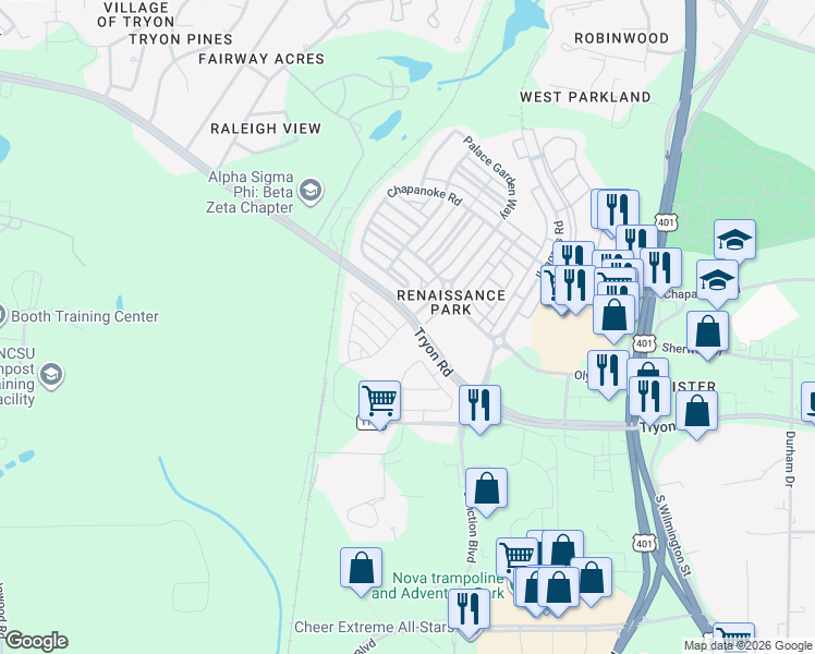 map of restaurants, bars, coffee shops, grocery stores, and more near 1501 The Arts Drive in Raleigh