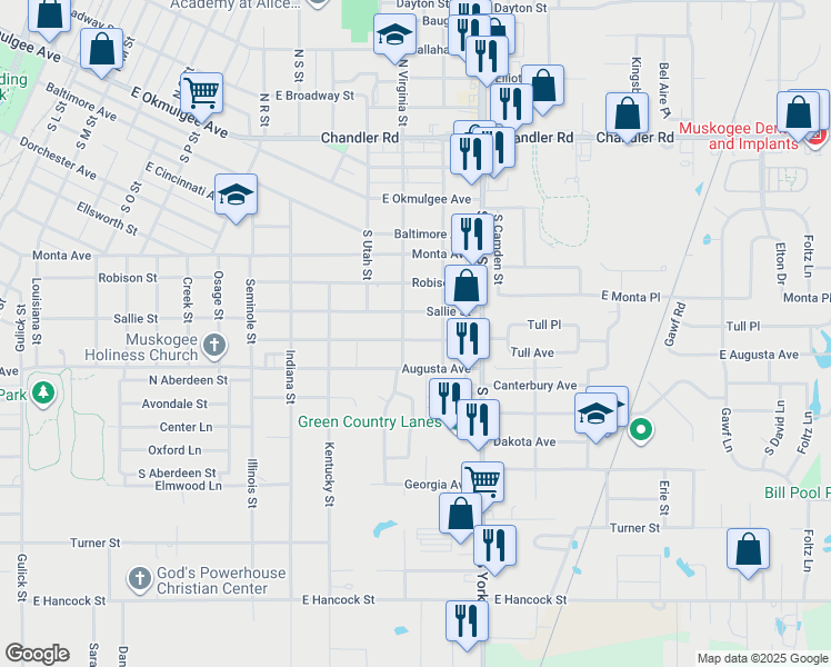 map of restaurants, bars, coffee shops, grocery stores, and more near 2208 Tull Avenue in Muskogee