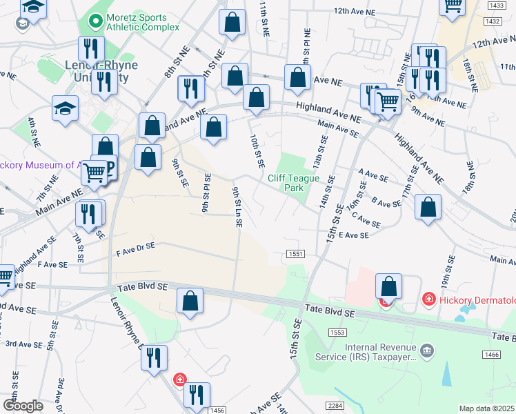 map of restaurants, bars, coffee shops, grocery stores, and more near 1012 D Avenue Southeast in Hickory