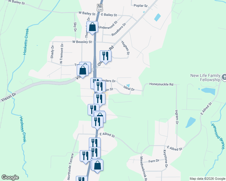 map of restaurants, bars, coffee shops, grocery stores, and more near 300 Brittain Street in Asheboro