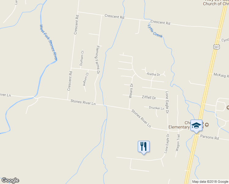 map of restaurants, bars, coffee shops, grocery stores, and more near 368 Stones River Lane in Murfreesboro