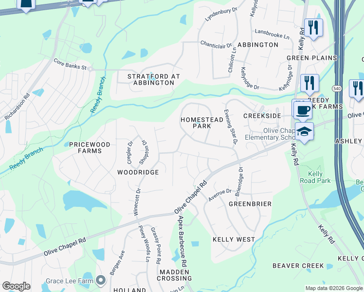 map of restaurants, bars, coffee shops, grocery stores, and more near 112 Homesong Way in Apex