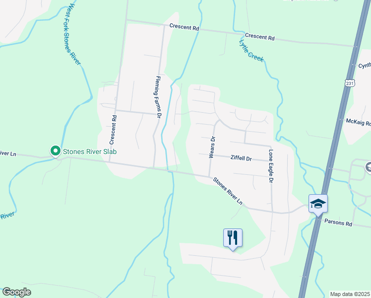 map of restaurants, bars, coffee shops, grocery stores, and more near 368 Stones River Lane in Murfreesboro