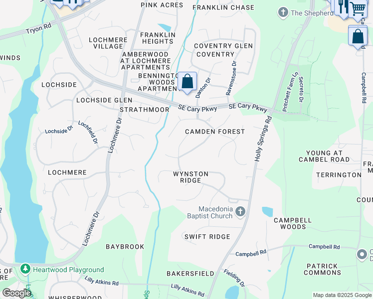 map of restaurants, bars, coffee shops, grocery stores, and more near 114 West Camden Forest Drive in Cary