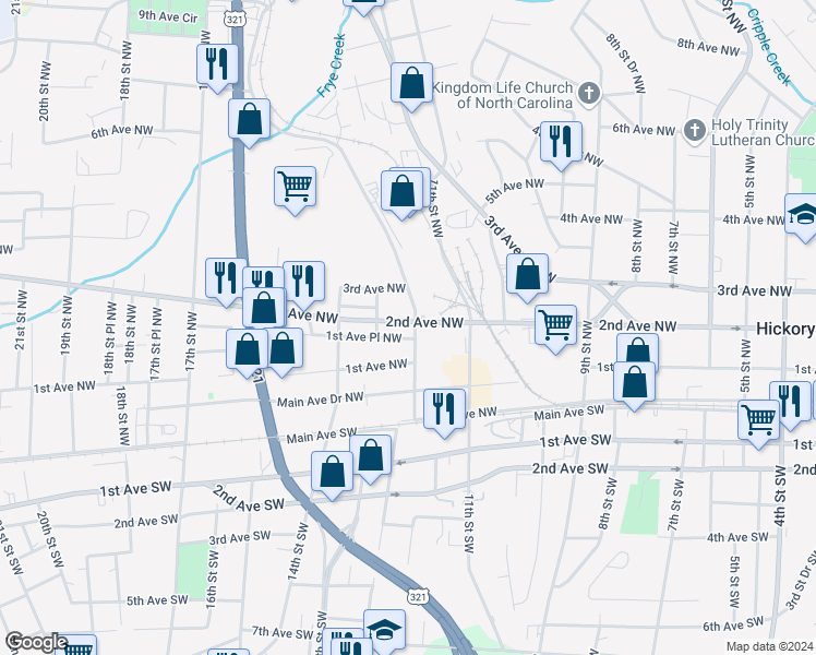 map of restaurants, bars, coffee shops, grocery stores, and more near 1226 1st Avenue Place Northwest in Hickory