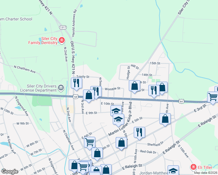 map of restaurants, bars, coffee shops, grocery stores, and more near 503 Womble Street in Siler City