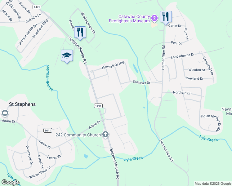 map of restaurants, bars, coffee shops, grocery stores, and more near 1614 Tanglewood Dr in Hickory