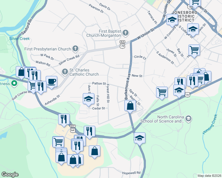 map of restaurants, bars, coffee shops, grocery stores, and more near 115 Patton Street in Morganton