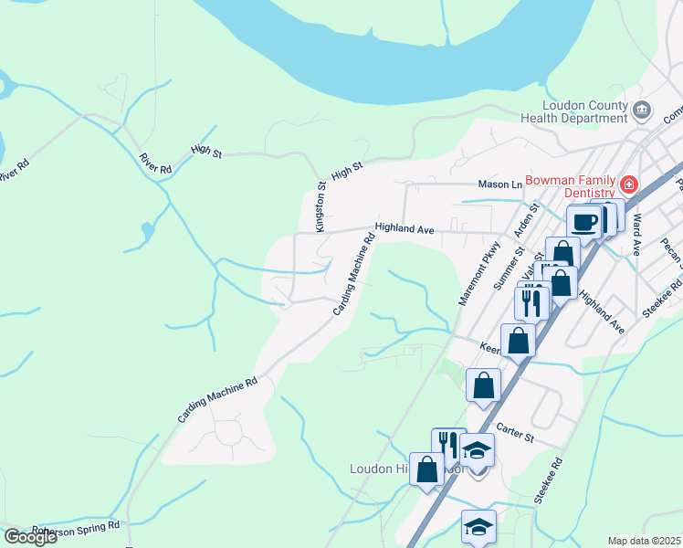 map of restaurants, bars, coffee shops, grocery stores, and more near 934 Carding Machine Road in Loudon