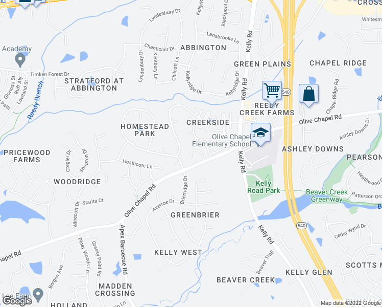 map of restaurants, bars, coffee shops, grocery stores, and more near 2401 Pecan Ridge Way in Apex