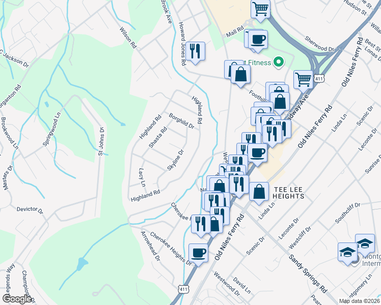 map of restaurants, bars, coffee shops, grocery stores, and more near 2137 Highland Road in Maryville