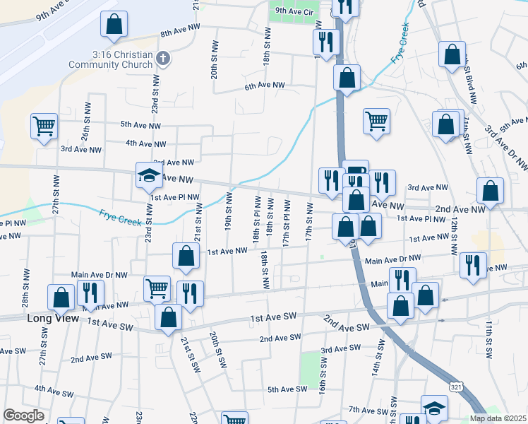 map of restaurants, bars, coffee shops, grocery stores, and more near 165 18th Street Northwest in Hickory