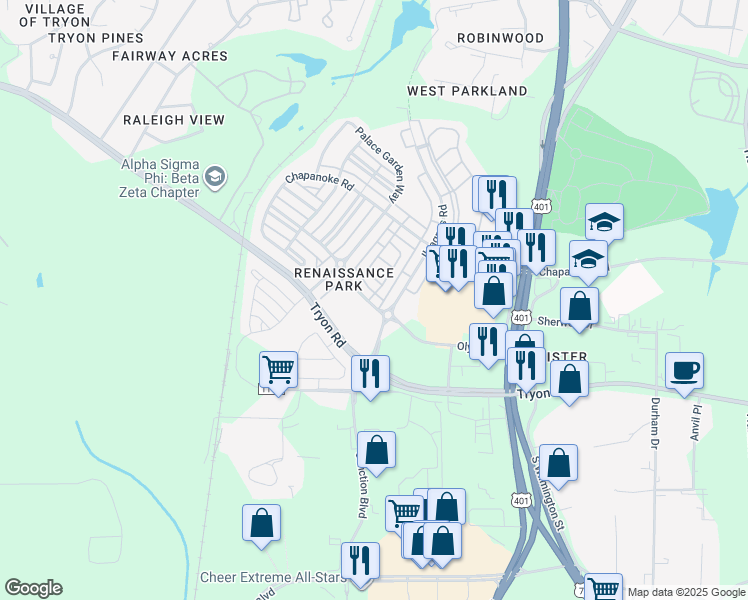 map of restaurants, bars, coffee shops, grocery stores, and more near 3618 Olympia Drive in Raleigh