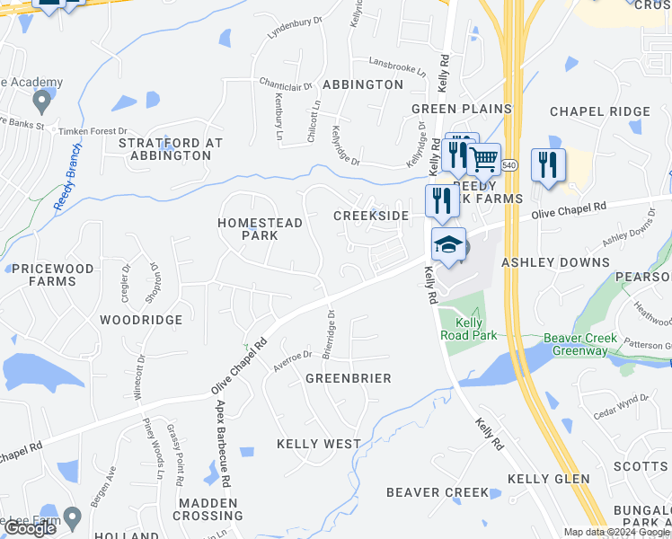 map of restaurants, bars, coffee shops, grocery stores, and more near 2458 Pecan Ridge Way in Apex