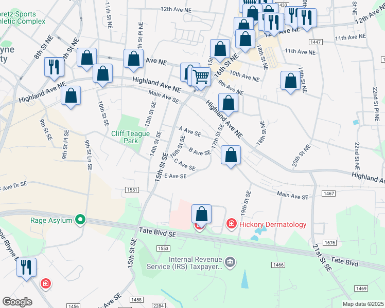 map of restaurants, bars, coffee shops, grocery stores, and more near 1634 B Avenue Southeast in Hickory