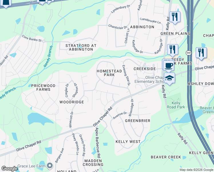 map of restaurants, bars, coffee shops, grocery stores, and more near 504 Homestead Park Dr in Apex