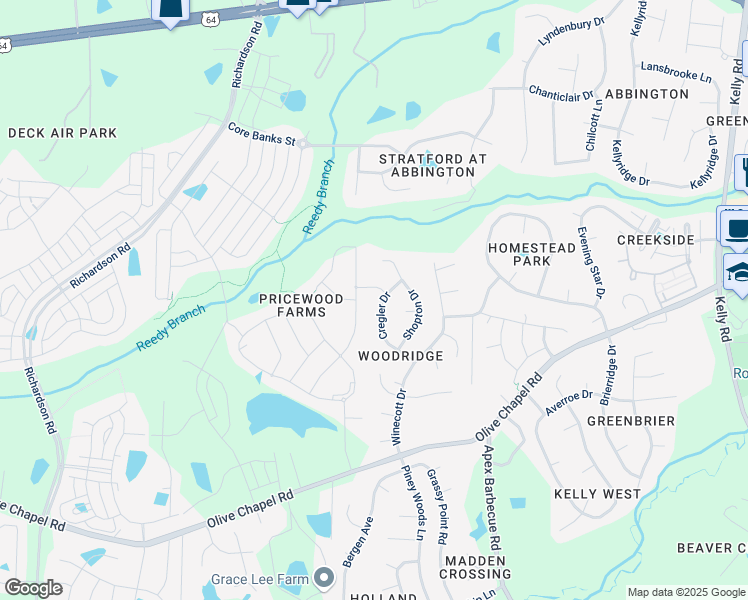 map of restaurants, bars, coffee shops, grocery stores, and more near 3119 Cregler Drive in Apex