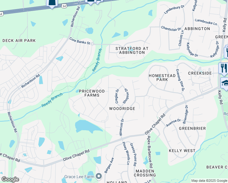 map of restaurants, bars, coffee shops, grocery stores, and more near 3119 Cregler Drive in Apex