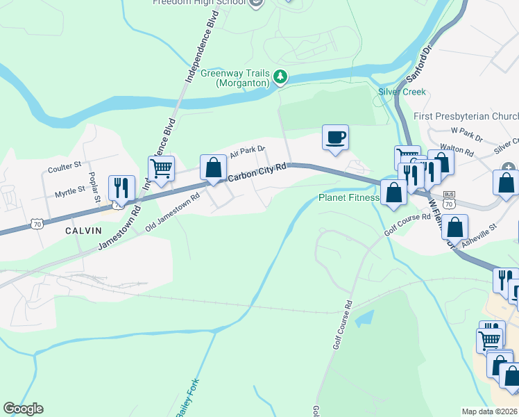 map of restaurants, bars, coffee shops, grocery stores, and more near 203 Murphy Street in Morganton