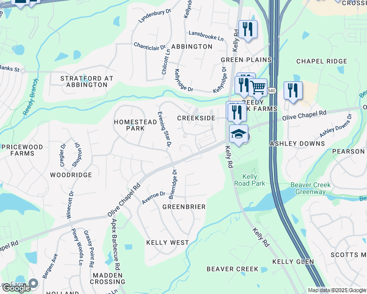 map of restaurants, bars, coffee shops, grocery stores, and more near 2431 Pecan Ridge Way in Apex