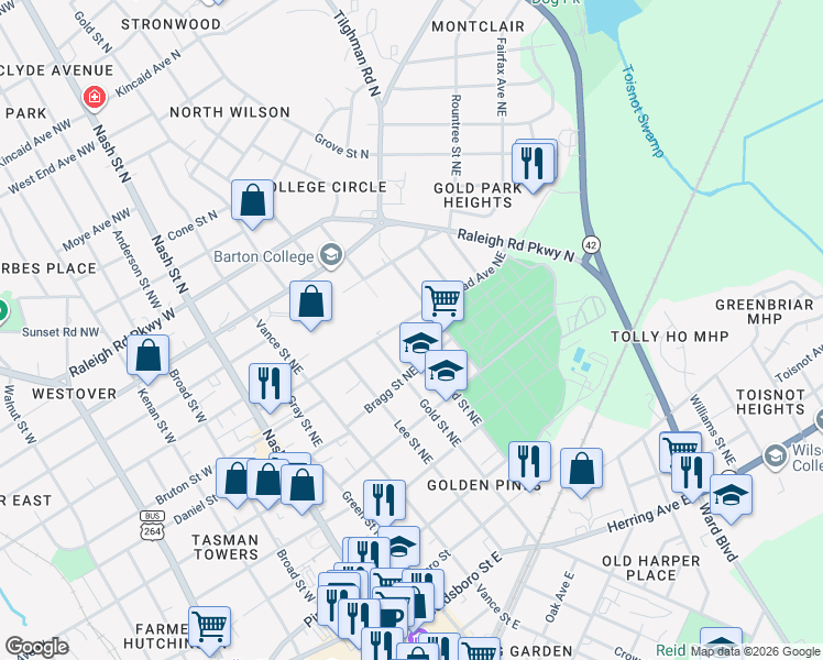 map of restaurants, bars, coffee shops, grocery stores, and more near 508 Woodard Street Northeast in Wilson