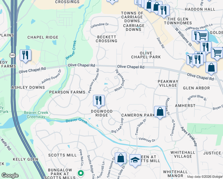 map of restaurants, bars, coffee shops, grocery stores, and more near 2002 Silky Dogwood Trail in Apex