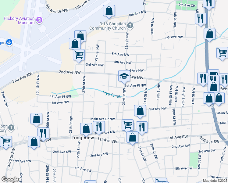 map of restaurants, bars, coffee shops, grocery stores, and more near 2421 1st Avenue Place Northwest in Hickory