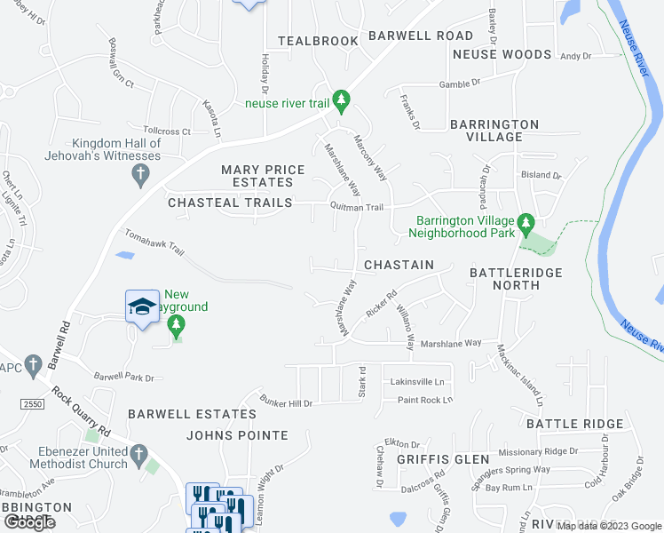 map of restaurants, bars, coffee shops, grocery stores, and more near 5819 Finestra Way in Raleigh