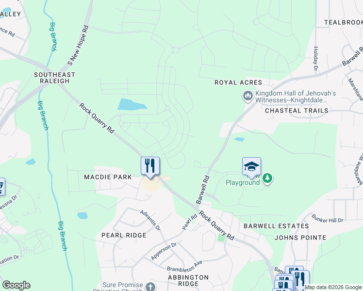 map of restaurants, bars, coffee shops, grocery stores, and more near 2634 Lignite Trail in Raleigh