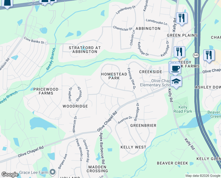 map of restaurants, bars, coffee shops, grocery stores, and more near 504 Homestead Park Drive in Apex