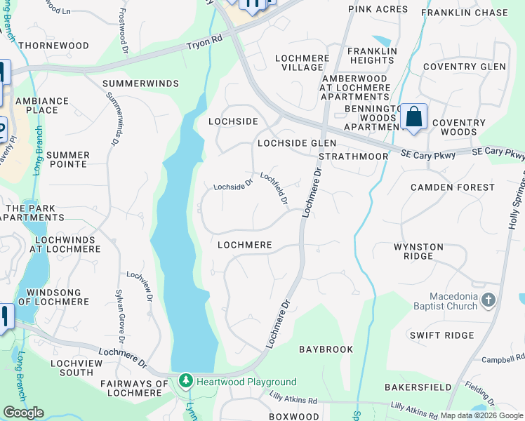 map of restaurants, bars, coffee shops, grocery stores, and more near 106 Rustic Wood Lane in Cary