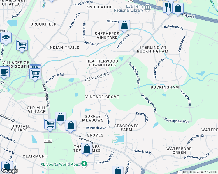 map of restaurants, bars, coffee shops, grocery stores, and more near 1012 Napa Place in Apex