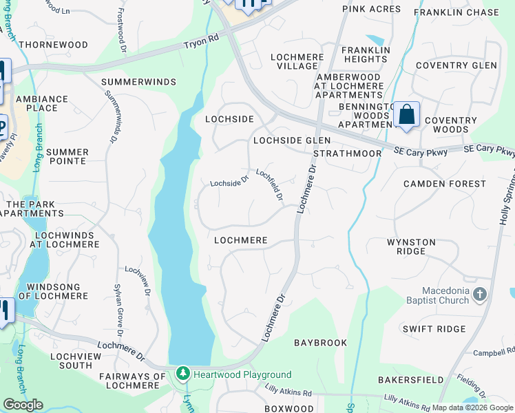 map of restaurants, bars, coffee shops, grocery stores, and more near 106 Rustic Wood Lane in Cary