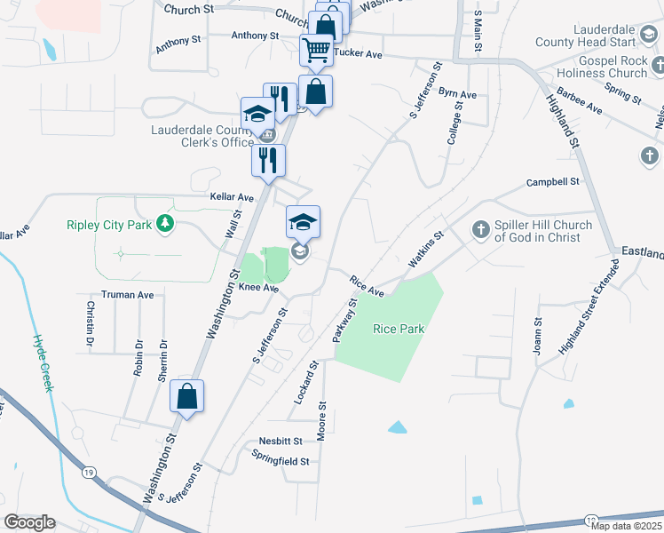 map of restaurants, bars, coffee shops, grocery stores, and more near in Ripley