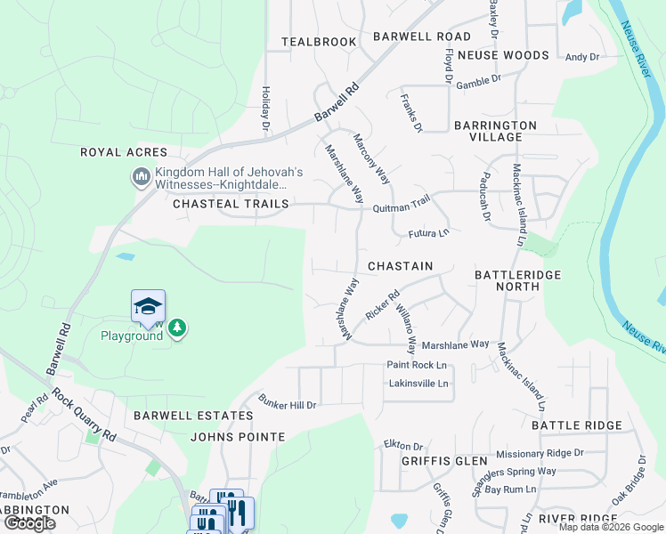 map of restaurants, bars, coffee shops, grocery stores, and more near 5819 Finestra Way in Raleigh