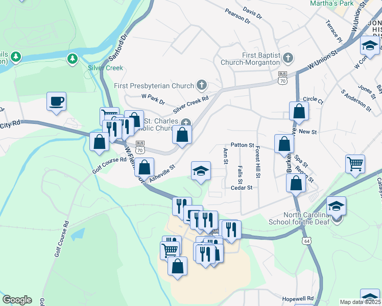 map of restaurants, bars, coffee shops, grocery stores, and more near 253 Asheville Street in Morganton